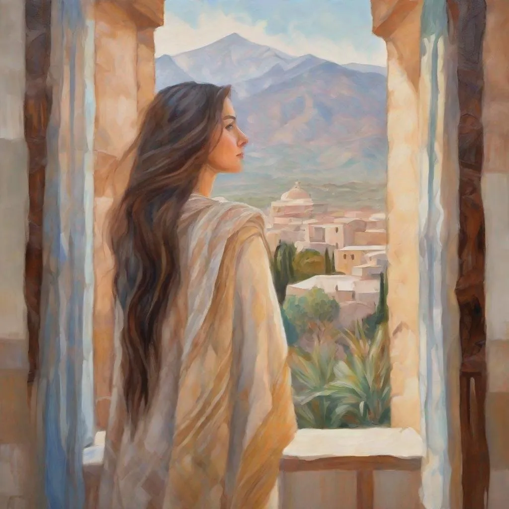 Prompt: pastel beige painting of a lady with long brown hair, airy scarf on shoulder overlooking morrocan style window, mountain view, very thick Impasto, impressionism