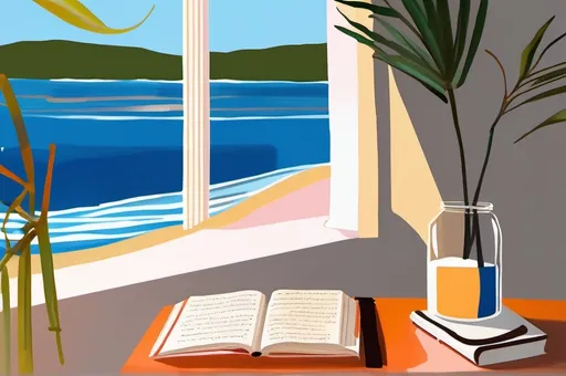 Prompt: (painting of a poetry book), (inspired by Alex Katz), vibrant colors, warm lighting, simple yet sophisticated composition, pages of the book filled with poetic verses, calm ambiance, rich textures, surrounded by a cozy atmosphere, relaxing environment, inviting scene, artistic expression, high-quality, ultra-detailed, water, pool or sea. Poem sophi de Melo Breyner