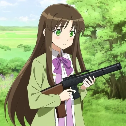 Prompt: Cute shy brunette long haired anime girl with green eyes and lavender clothes holding a rifle