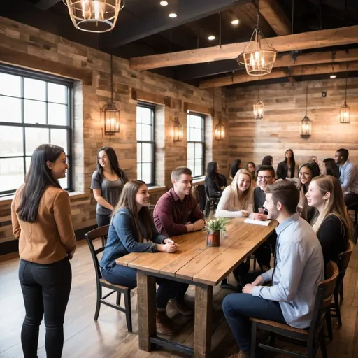 Prompt: students meeting young adults at  rustic classy professional event space, spaces out meeting in groups of 2 or 3
