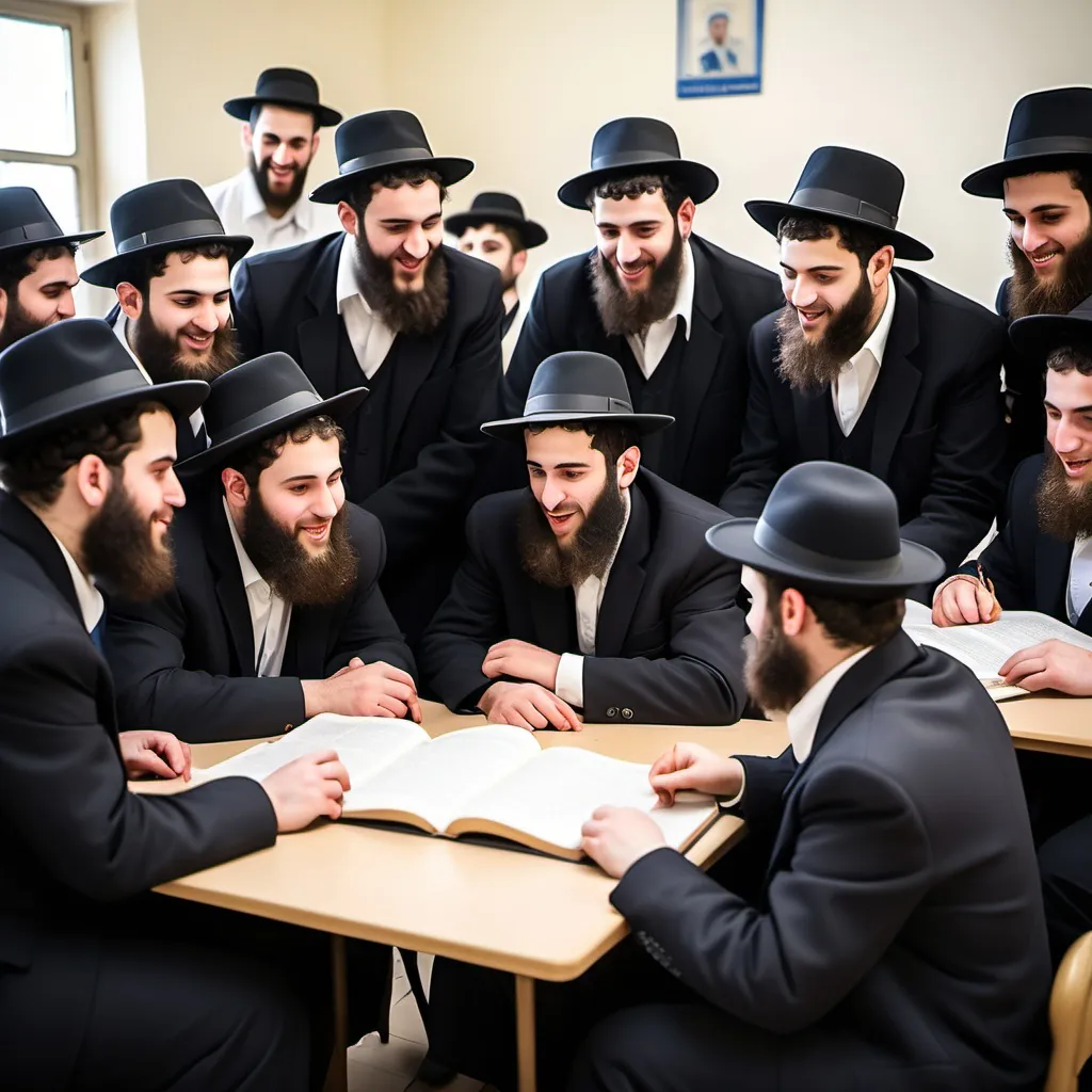 Prompt: to jewish men learning in chavruta young and energetic yeshiva student