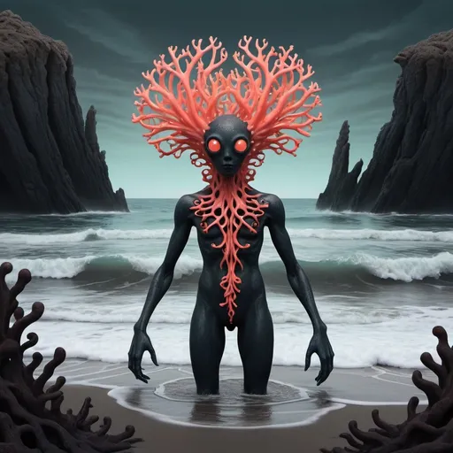 Prompt: Dark, little coral humanoid creature, emerging from the ocean,adventuring a dark enchanted beach, dark twisted sea creatures and silhouettes casted from the creatures gazing across the beach, pop surrealism, Art Nouveau