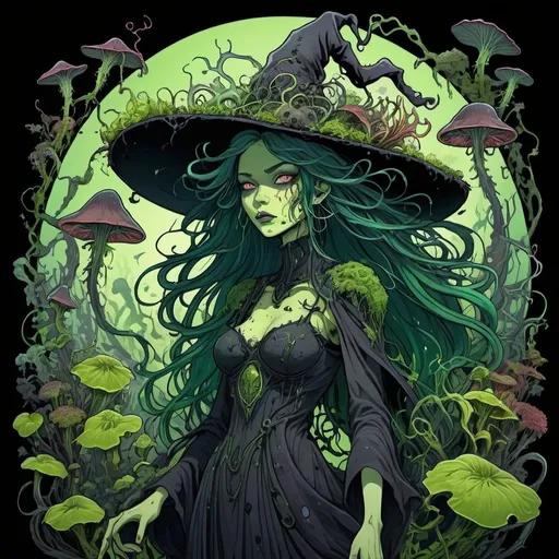 Prompt: Dark, evil, vibrant colorful anime illustration of a Raid boss Bog witch with twisted eerie flowing wild hair, her dress made out of toxic plants and dark twisted bark covered in moss and algae, her hat covered with Venus fly traps poisonous pitcher plants and noxious flora emitting glowing spores, kinetic art, Art Nouveau, heavy outline, abstract
