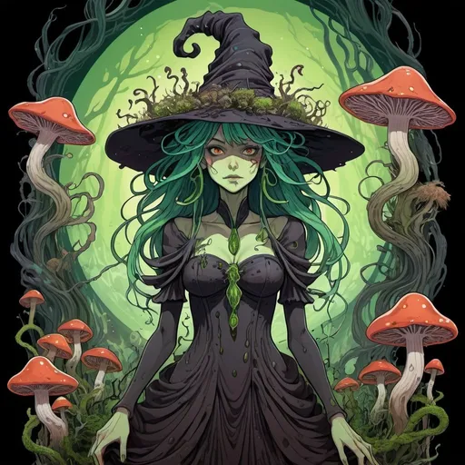 Prompt: Dark, evil, colorful colorful anime illustration of a Raid boss Bog witch with twisted eerie flowing wild hair, her dress made out of dark twisted bark and moss an algae, her hat covered with poisonous pitcher plants and noxious mushrooms emitting glowing spores, kinetic art, Art Nouveau, heavy outline, abstract