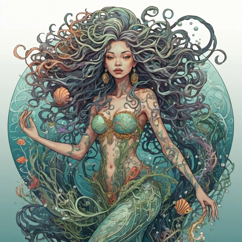 Prompt: light full body photo of a colorful modern illustration of a sea witch with wild twisted swirling hair full of sea creatures seaweed and pearls, mayang, kinetic art, Art Nouveau, heavy outline