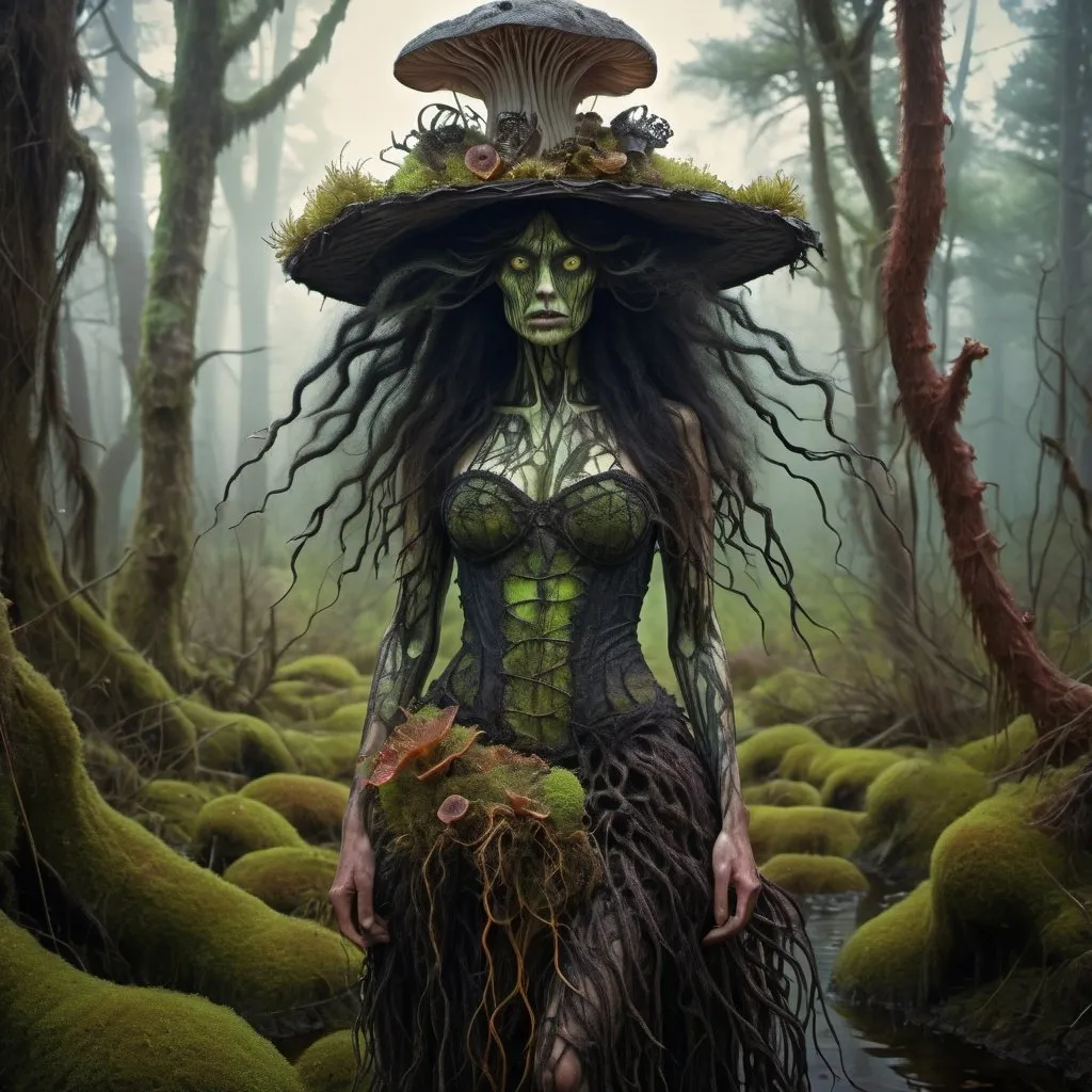 Prompt: Dark, evil, colorful intricate hyper realistic photo of a Bog witch with twisted eerie flowing wild hair, her dress made out of dark twisted bark and moss an algae, her hat adorned with poisonous pitcher plants and noxious mushrooms emitting glowing spores, kinetic art, Art Nouveau, heavy outline, abstract