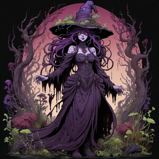 Prompt: Dark, wicked, full body, colorful anime illustration of a Raid boss Bog witch with twisted eerie flowing wild hair, her dress made out of dark twisted bark covered in moss with random spots of growing bog flora, her hat covered with poisonous plants and noxious flowers emitting glowing spores and noxious gas, hues of dark purple and burgundy kinetic art, Art Nouveau, heavy outline, abstract