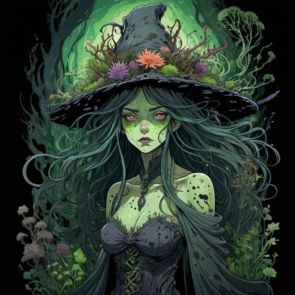 Prompt: Dark, evil, colorful anime illustration of a Raid boss Bog witch with twisted eerie flowing wild hair, her dress made out of dark twisted bark covered in moss an algae with random spots of growing bog flora, her hat covered with poisonous plants and noxious flowers emitting glowing spores and noxious gas, kinetic art, Art Nouveau, heavy outline, abstract