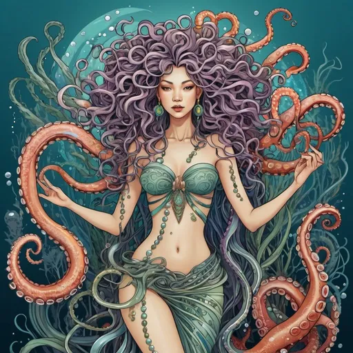 Prompt: light full body photo of a colorful modern illustration of a sea witch with wild twisted swirling hair full of sea creatures an octopus seaweed and pearls, mayang, kinetic art, Art Nouveau, heavy outline