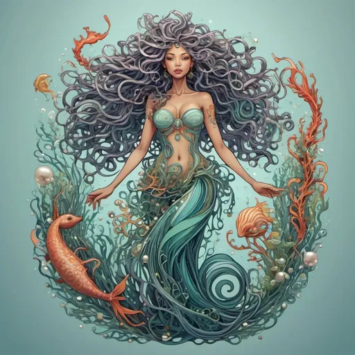 Prompt: light full body photo of a colorful modern illustration of a sea witch with wild twisted swirling hair full of sea creatures seaweed and pearls, mayang, kinetic art, Art Nouveau, heavy outline
