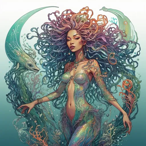 Prompt: light,peculiar, full body photo of a vibrant,colorful,iridescent, modern illustration of a sea witch with wild twisted swirling hair full of sea creatures seaweed and pearls, mayang, kinetic art, Art Nouveau, heavy outline