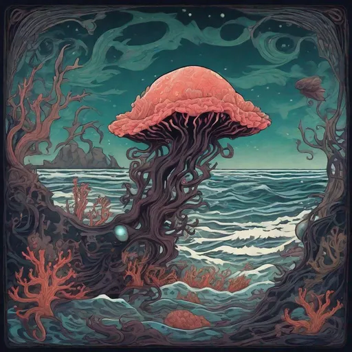 Prompt: Dark, colorful illustration of a little coral creature, emerging from the ocean,adventuring a dark enchanted beach, dark twisted sea creatures and silhouettes casted from the creatures gazing across the beach, pop surrealism, Art Nouveau