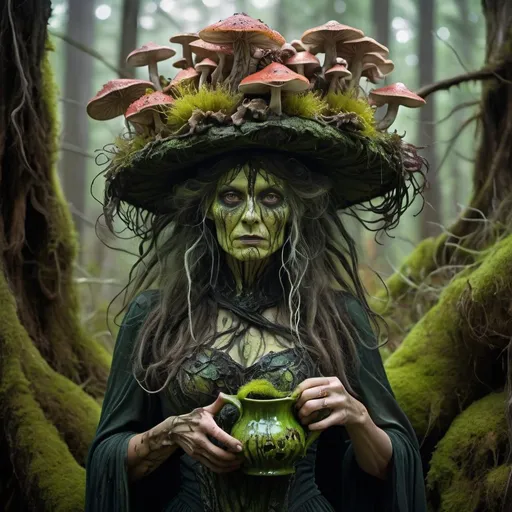 Prompt: Dark, evil, colorful intricate hyper realistic photo of a Raid boss Bog witch with twisted eerie flowing wild hair, her dress made out of dark twisted bark and moss an algae, her hat adorned with poisonous pitcher plants and noxious mushrooms emitting glowing spores, kinetic art, Art Nouveau, heavy outline, abstract