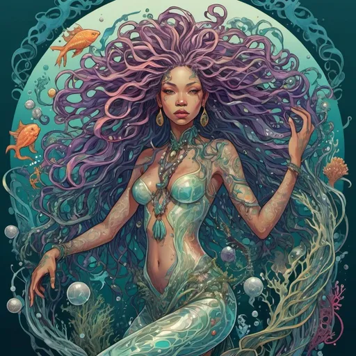 Prompt: light,peculiar, full body photo of a vibrant,colorful,iridescent, modern illustration of a sea witch with wild twisted swirling hair full of sea creatures seaweed and pearls, mayang, kinetic art, Art Nouveau, heavy outline