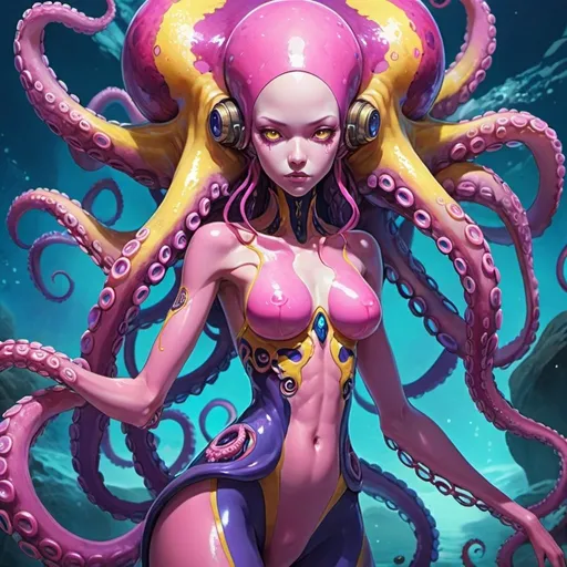 Prompt: Anime,Raid boss, otherworldly, abstract vibrant hues and colors of pinks purples blues and yellows, an octopus humanoid woman