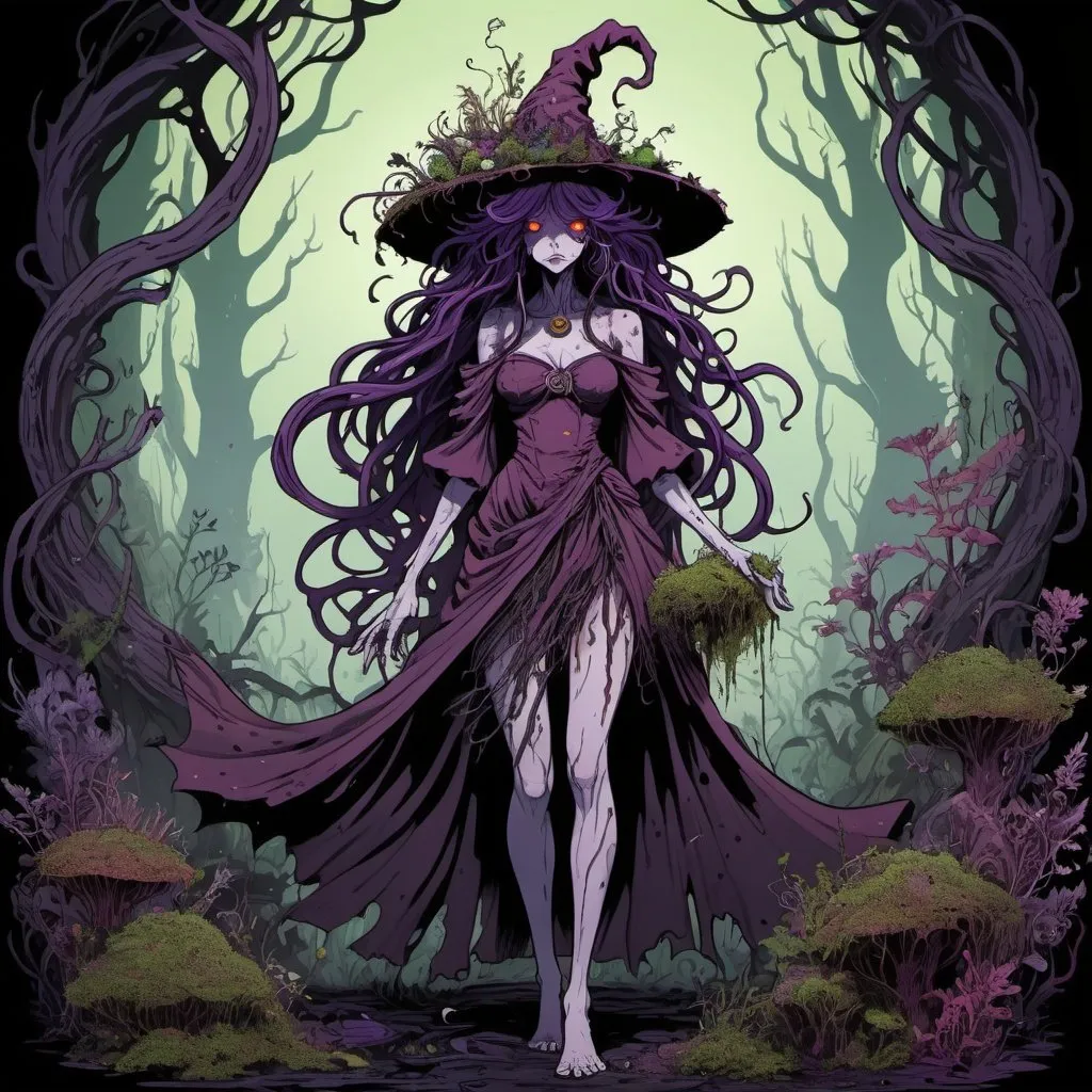 Prompt: Dark, wicked, full body, colorful anime illustration of a Raid boss Bog witch with twisted eerie flowing wild hair, her dress made out of dark twisted bark covered in moss with random spots of growing bog flora, her hat covered with poisonous plants and noxious flowers emitting glowing spores and noxious gas, hues of dark purple and burgundy kinetic art, Art Nouveau, heavy outline, abstract