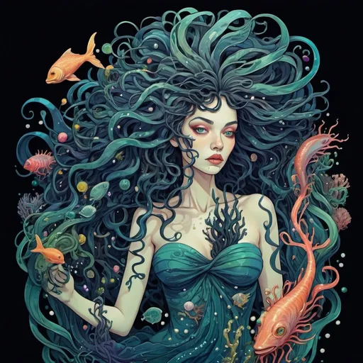 Prompt: vibrant abstract dark, full body photo of a colorful modern illustration of a sea witch with wild twisted swirling hair full of sea creatures seaweed and pearls, pop surrealism kinetic art, Art Nouveau, heavy outline