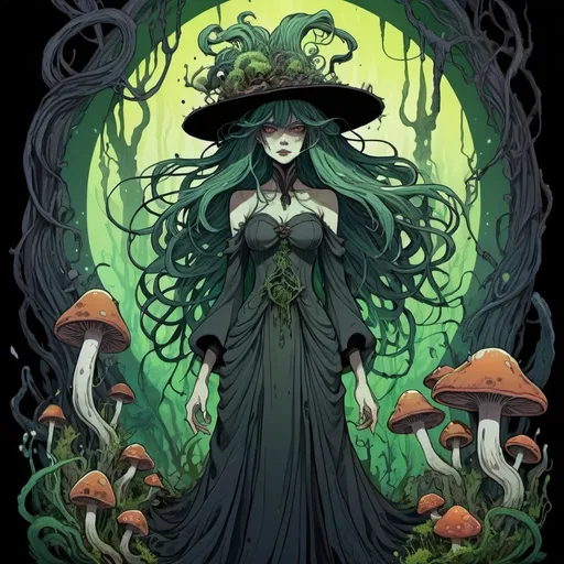 Prompt: Dark, evil, colorful colorful anime illustration of a Raid boss Bog witch with twisted eerie flowing wild hair, her dress made out of dark twisted bark and moss an algae, her hat covered with poisonous pitcher plants and noxious mushrooms emitting glowing spores, kinetic art, Art Nouveau, heavy outline, abstract