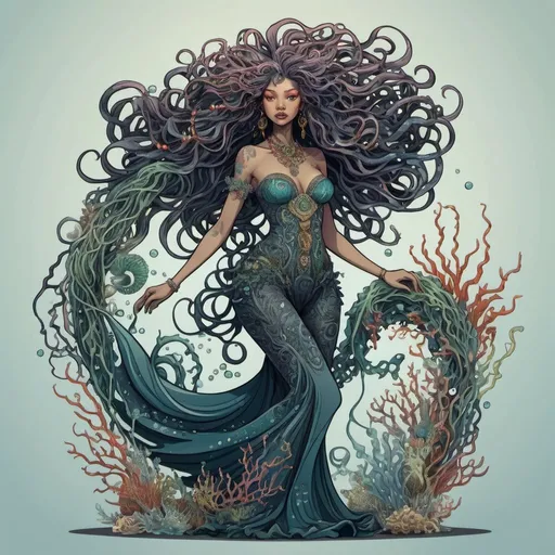 Prompt: Dark, full body photo of a colorful modern illustration of a sea witch with wild twisted enchanted swirling hair full of sea creatures seaweed and pearls, mayang, kinetic art, Art Nouveau, heavy outline