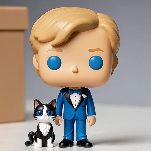 Prompt: boy funko pop of a middle schooler with tan skin blue eyes dirty blond hair
blue shirt blue pants and with a tuxedo cat