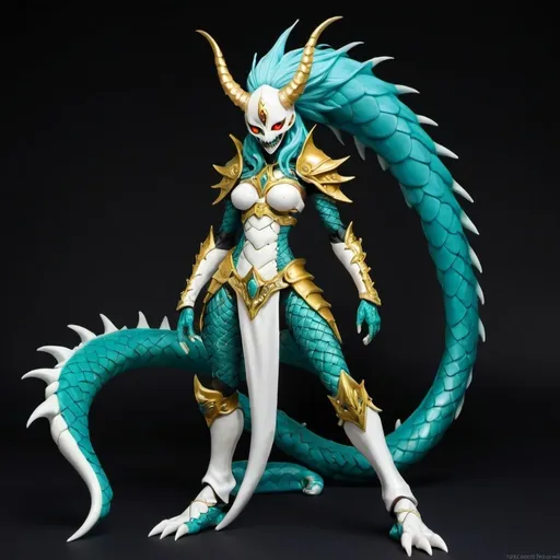 Prompt: Arrancar mask, glowing blue/yellow eyes, mid-length teal hair, flowing teal mane, serpentine tail, single tail, draconic arms and legs, clawed hands and feet, scaled body, female humanoid, bone chest armor, bone armor on thighs calves and forearms, body covered in teal and gold scales, skin is scaly, sharp teeth, Arrancar, Segunda Etapa