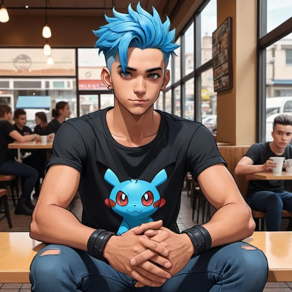 Prompt: Tall tanned male with blue hair. Wears black/blue sports top. One hand is covered in a gauntlet. Black/blue Jeans. Black boots. Sitting in a cafe.

Pokemon Art Style