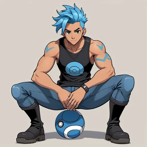 Prompt: Tall tanned male with blue hair. Wears black/blue sports top. One hand is covered in a gauntlet. Black/blue Jeans. Black boots. Drawing Pokemon.

Pokemon Art Style