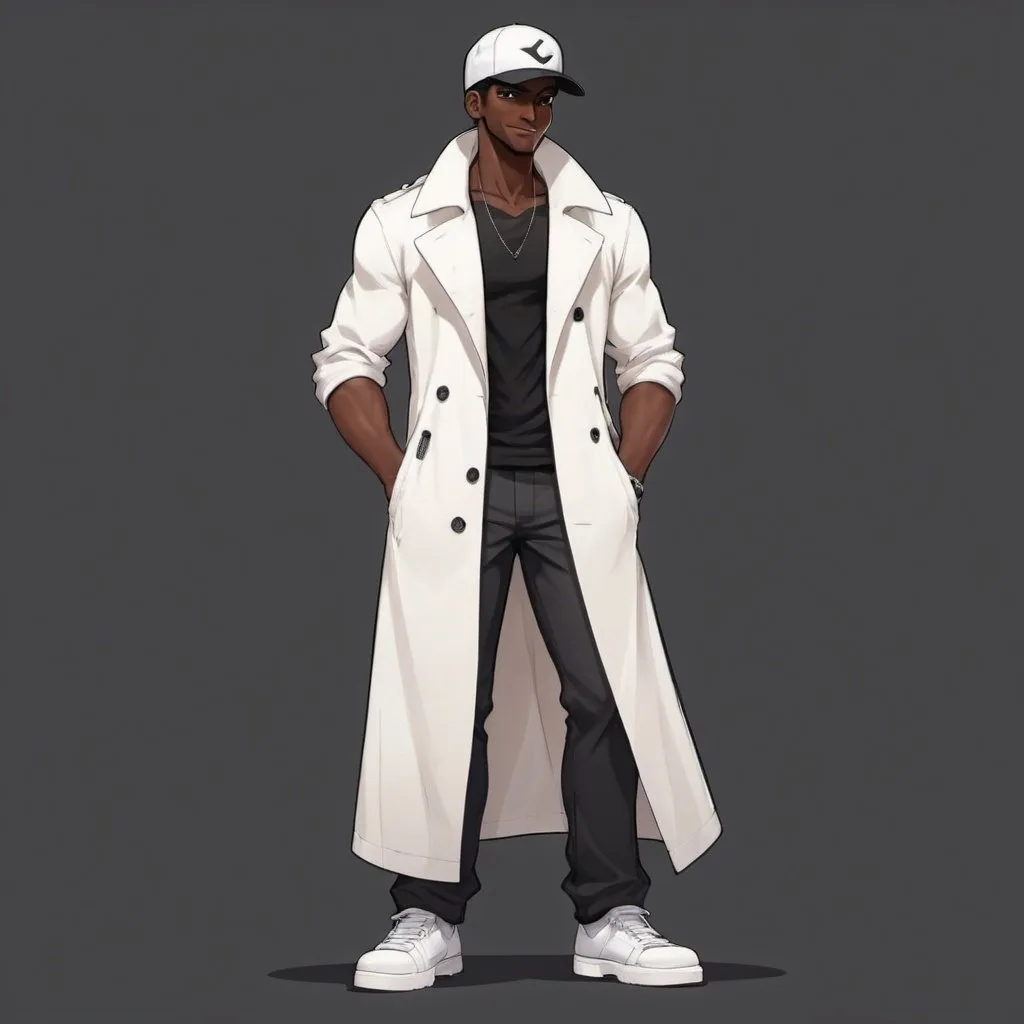 Prompt: Tall buffed male. Dark skinned. Long white trenchcoat. Wears a black cap. Has a smug grin. Black shirt/pants. White shoes. 

Pokemon Art Style