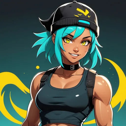 Prompt: Salamander girl. Has tanned skin, fins on the sides of her head, wears a black sports top that shows her midriff and baggy blue jeans, black combat boots, and a teal beanie. Has glowing yellow eyes and a toothy smirk. Wears yellow and teal lipstick. Character is female. Has mid length teal hair. Character is training in combat. Wears black combat boots. Is incredibly muscular and fit.

Pokemon art style