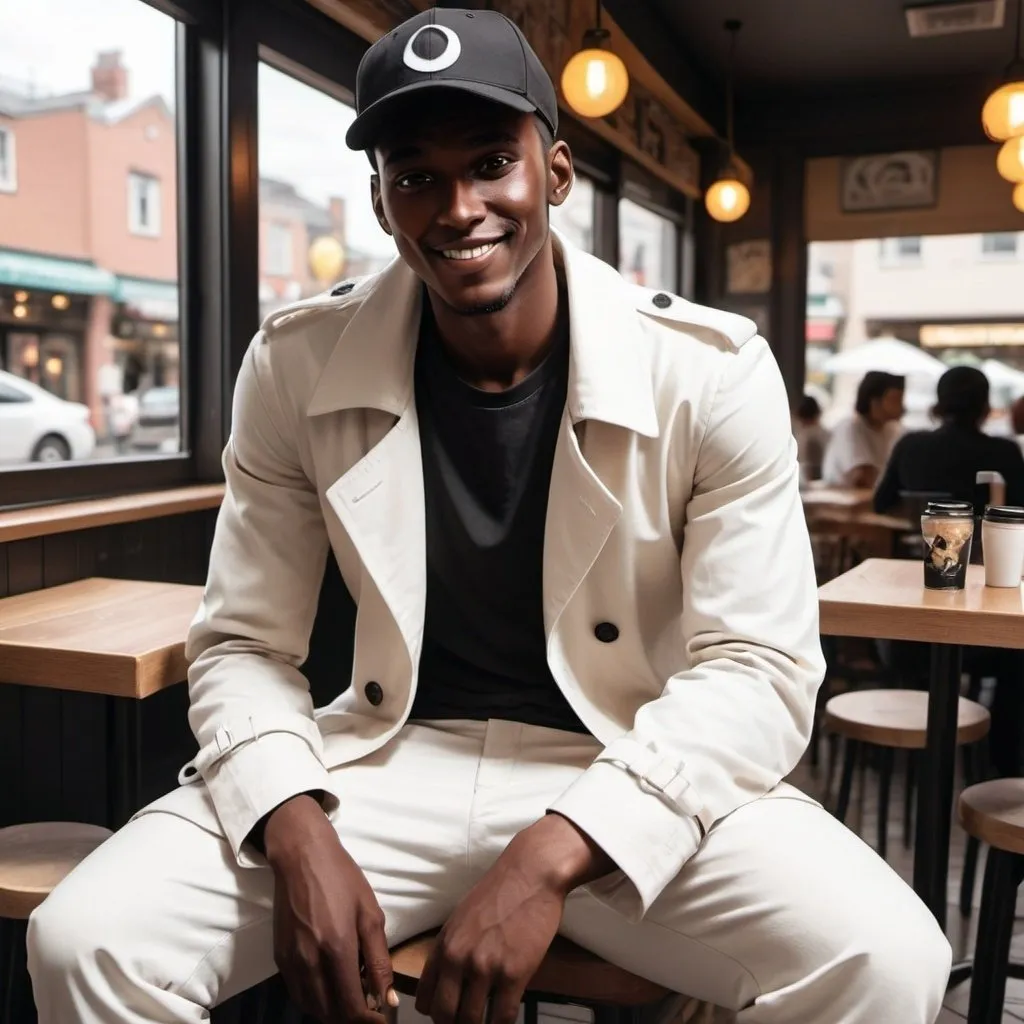 Prompt: Tall buffed male. Dark skinned. Long white trenchcoat. Wears a black cap. Has a smug grin. Black shirt/pants. White shoes. Sitting in a cafe.

Pokemon Art Style