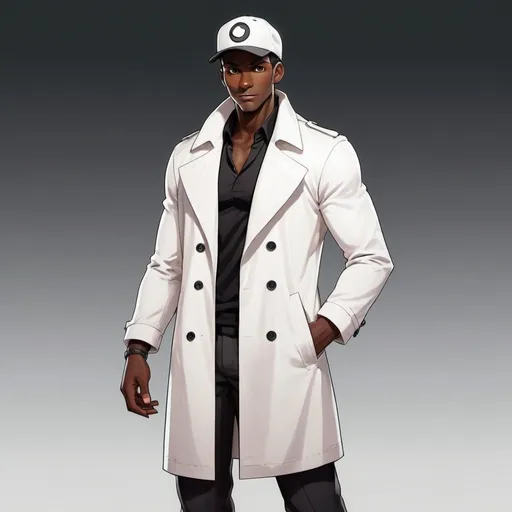 Prompt: Tall buffed male. Dark skinned. Long white trenchcoat. Wears a black cap. Has a smug grin. Black shirt/pants. White shoes. Giving kids their first partner monster. Top view.

Pokemon Art Style