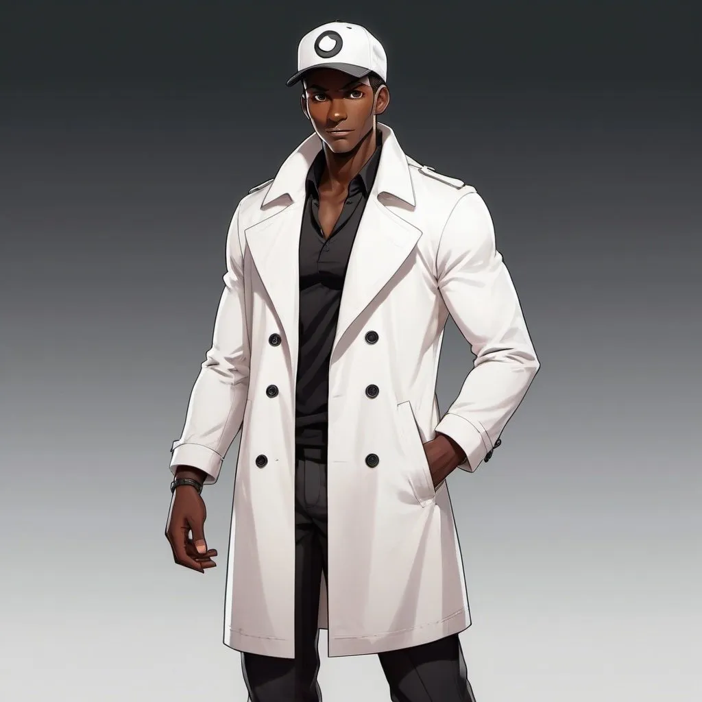 Prompt: Tall buffed male. Dark skinned. Long white trenchcoat. Wears a black cap. Has a smug grin. Black shirt/pants. White shoes. Giving kids their first partner monster. Top view.

Pokemon Art Style