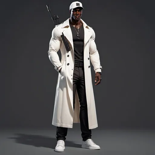 Prompt: Tall buffed male. Dark skinned. Long white trenchcoat. Wears a black cap. Has a smug grin. Holds a small crossbow in one hand. Black shirt/pants. White shoes. 
