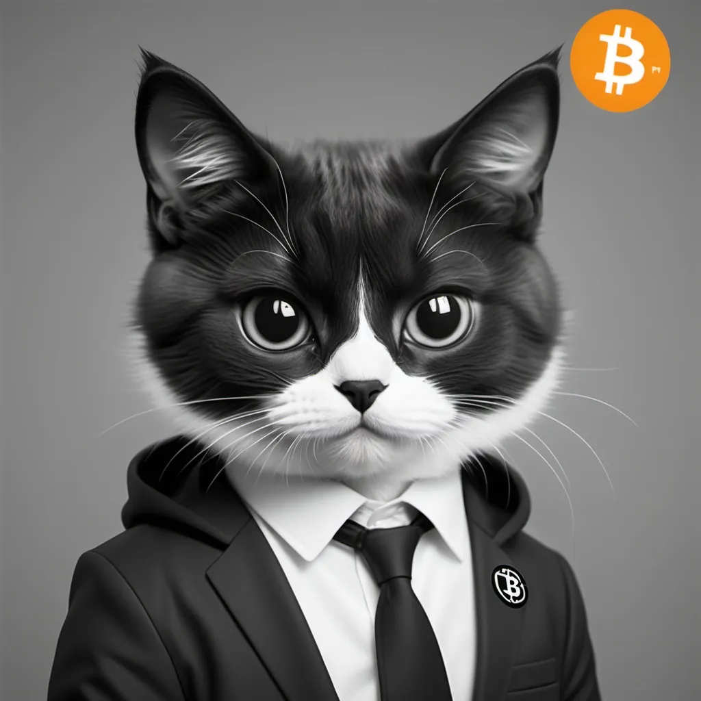 Prompt: Create the black and white Cat NFT  that have  cute face and big eyes and shows the Bitcoin icon like animation picture with high quality and resolution with public clothes