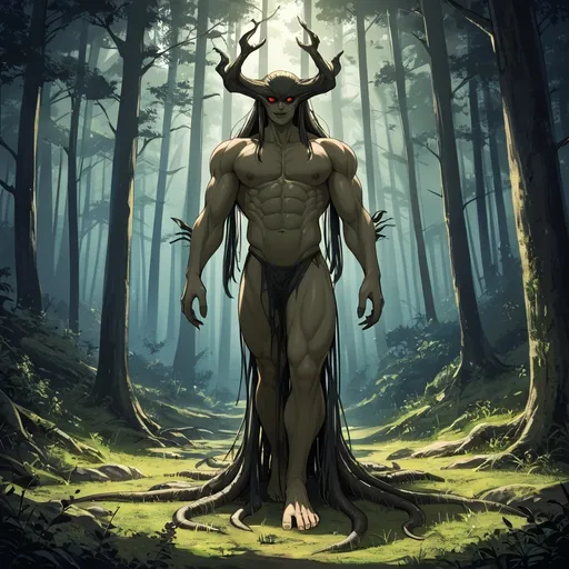 Prompt: A tall, muscular witch monster in the forest, leaning against a tree. Dimly lit background. (((8k-high resolution))), high quality, highly detailed, beautiful face, full body image