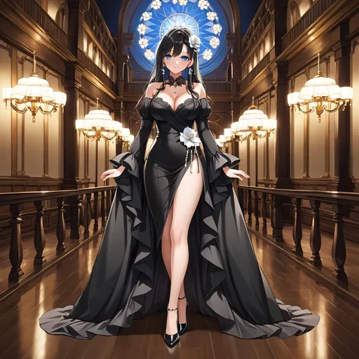 Prompt: A tall female with long black hair, wearing an elegant black outfit. Full body image, (8k-high resolution), anime-style, extremely detailed, beautiful face, background with dim lighting.