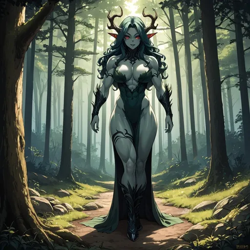 Prompt: A tall, muscular female witch monster in the forest, leaning against a tree. Dimly lit background. (((8k-high resolution))), high quality, highly detailed, (((beautiful face))), full body image