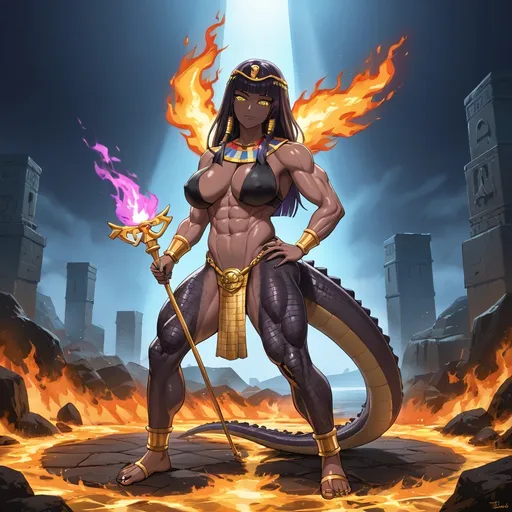 Prompt: Egyptian crocodile monster, futanari, purplish black scales, powerful, muscular, predatory, dark burning purple mane, flaming shadowy dark purple and black hair, glowing golden eyes, goddess