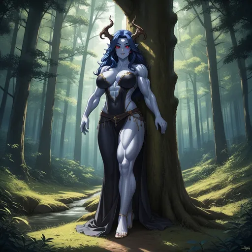 Prompt: A tall, muscular female witch monster in the forest, leaning against a tree. Dimly lit background. (((8k-high resolution))), high quality, highly detailed, (((beautiful face))), full body image