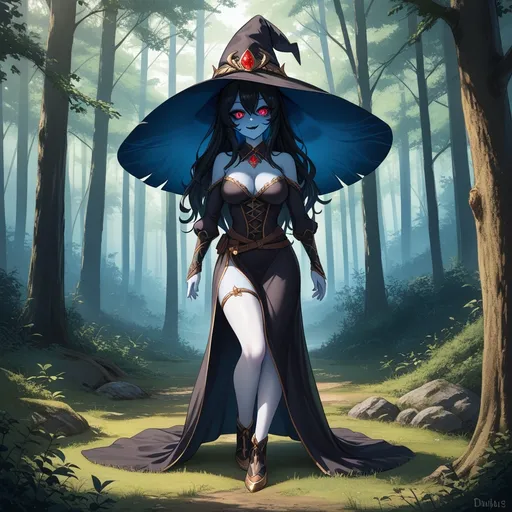 Prompt: A tall, fit female witch monster in the forest, leaning against a tree. Dimly lit background. (((8k-high resolution))), high quality, (((highly detailed beautiful face))), full body image