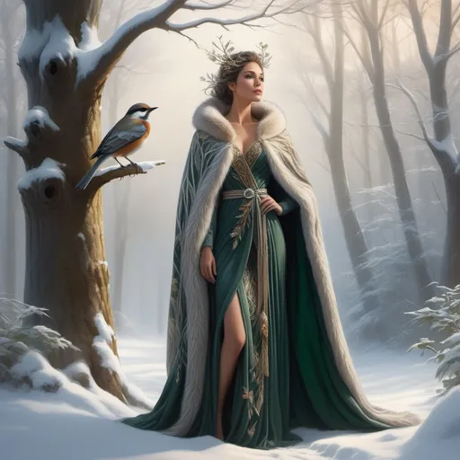 Prompt: A tall elegant humanoid female forest spirit goddess, wrapped in a majestic fur lined cape, leaning against a tree, wintertime, (extremely high realism), (extremely high resolution), a small bird sitting perched in her left hand