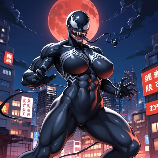 Prompt: Venom, curvy, athletic pose, anime style, city at night, dark red sky