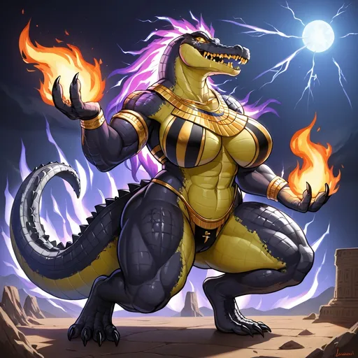 Prompt: (((Egyptian crocodile monster, maned crocodile goddess, alligator))), anthro (((black scales, dark purple))), (((long powerful arms, long tail, gold teeth and claws, golden jewelry and designs))), crocodile, saurian, huge gold teeth, powerful, monstrously huge and muscular, fat, glowing burning purple mane, Godzilla, dinosaur, (((massively muscular))) dinosaur woman, (((dark power))), towering, crocodile demon, mane of dark purple supernatural fire, black lightning, (((burning mane made of purple fire, death magic))), glowing golden eyes, dark goddess, (((hyper thighs))), underworld, (((shadow magic))), clawed feet, (((high quality, high detail)))