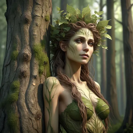 Prompt: A tall elegant female forest dryad, leaning against a tree, extremely high realism, extremely high resolution
