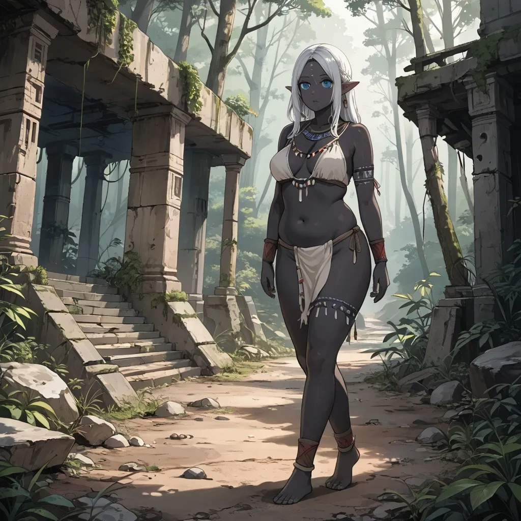 Prompt: A tribal elf woman, plump, black skin, white hair, blue eyes, walking alone, moonlit forest, ancient ruins