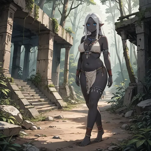 Prompt: A tribal elf woman, plump, black skin, white hair, blue eyes, walking alone, moonlit forest, ancient ruins