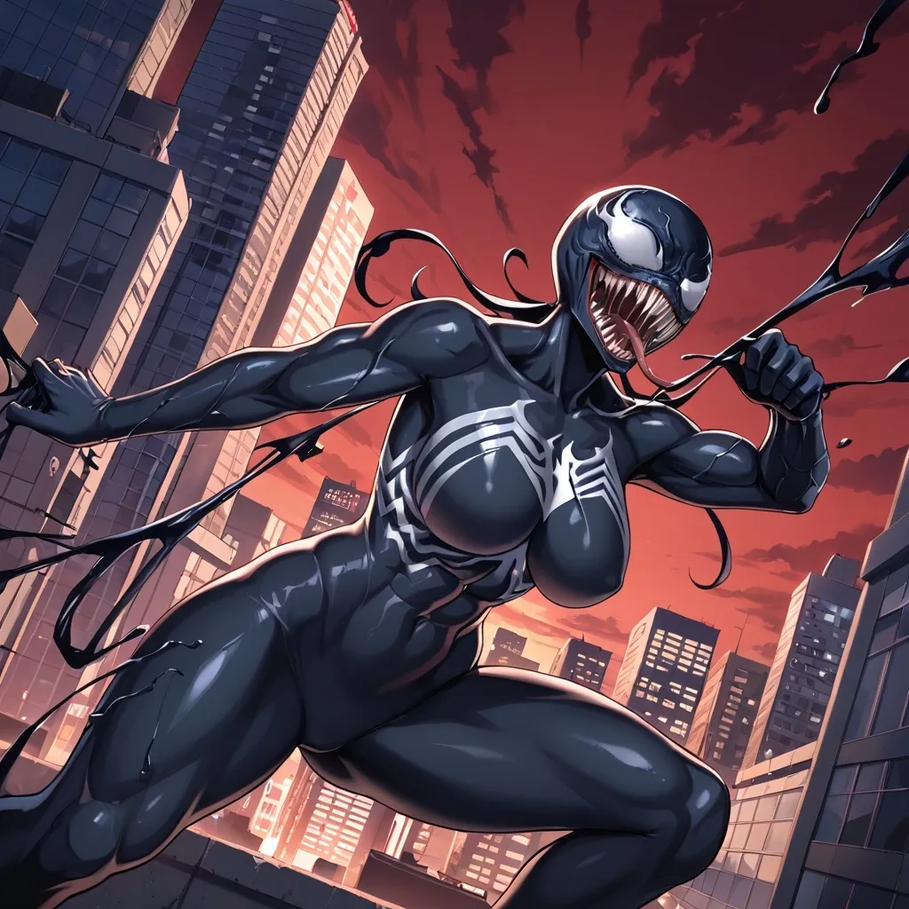 Prompt: Venom, curvy, athletic pose, anime style, city at night, dark red sky