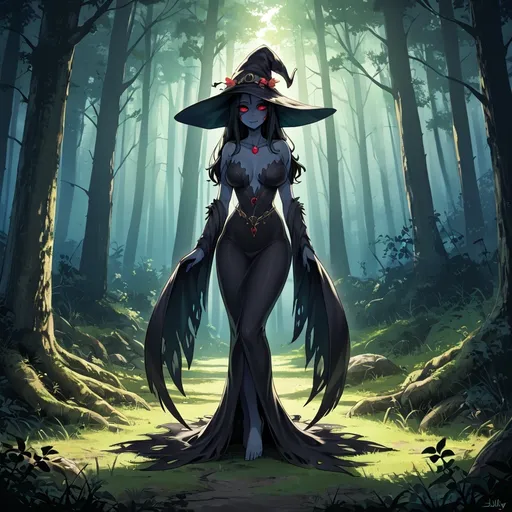Prompt: A witch monster in the forest, leaning against a tree. Dimly lit background. (((8k-high resolution))), high quality, highly detailed, beautiful face, full body image