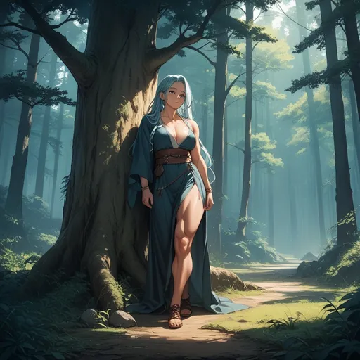 Prompt: score_9_up, score_8_up, score_7_up, score_6_up; tall, muscular female witch in the forest, leaning against a tree. Dimly lit, dark background. Ultra-detailed, (8k HD quality), anime art style. Full body.