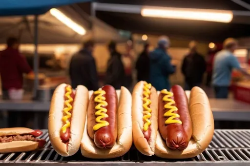 Prompt: Close-up of a hotdog being prepared in a stand. In the background, people walk around in movement photographed in bulb or timelapse. 